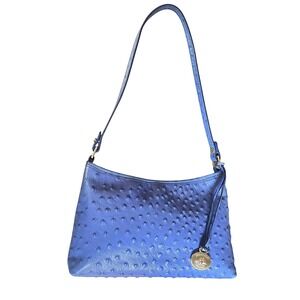 Brahmin Periwinkle Blue Ostrich Embossed Leather Small Shoulder Bag Gold Logo
